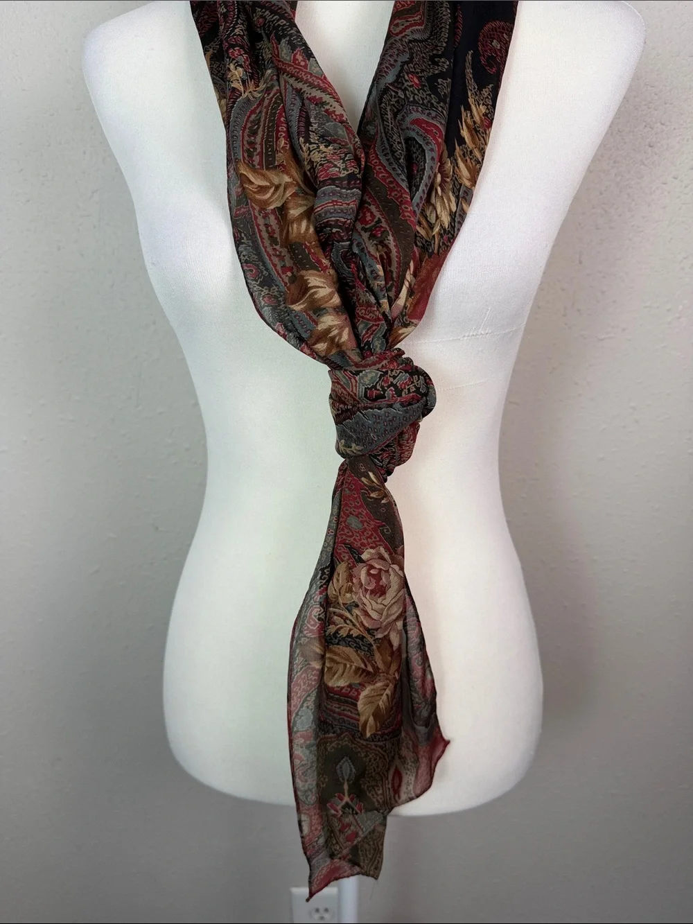 Ralph Lauren 100% Silk Scarf Floral Paisley Burgundy Long Oblong Vintage Style